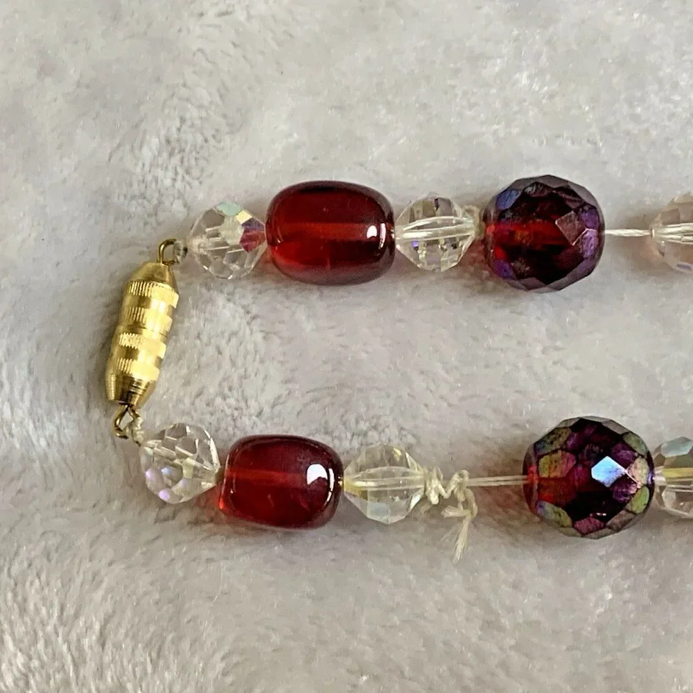 Vintage Red Crystal Beaded Y Drop Necklace Aurora Borealis Mid Century 60s - Picture 4 of 9